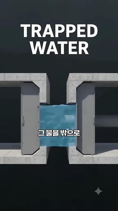 바닷속 두 콘크리트 함체 사이에 갇힌 물의 모습을 보여주는 3D 그래픽 영상으로, 상단에 'TRAPPED WATER'라는 영문 텍스트와 하단에 '그 물을 밖으로'라는 한글 자막이 적혀 있습니다.