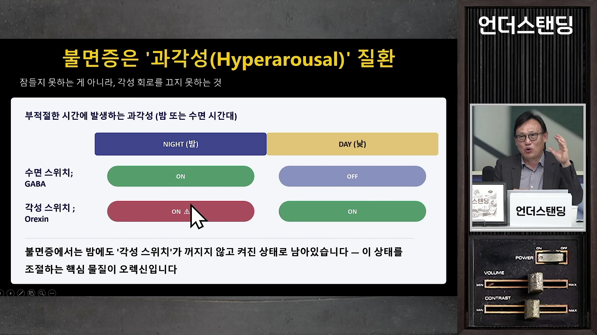 프레젠테이션 화면에는 '불면증은 과각성 질환'이라는 제목 아래 밤낮에 따른 수면 스위치(GABA)와 각성 스위치(Orexin)의 상태가 도표로 표시되어 있으며, 오른쪽에는 전문가가 강의하는 모습이 보입니다.