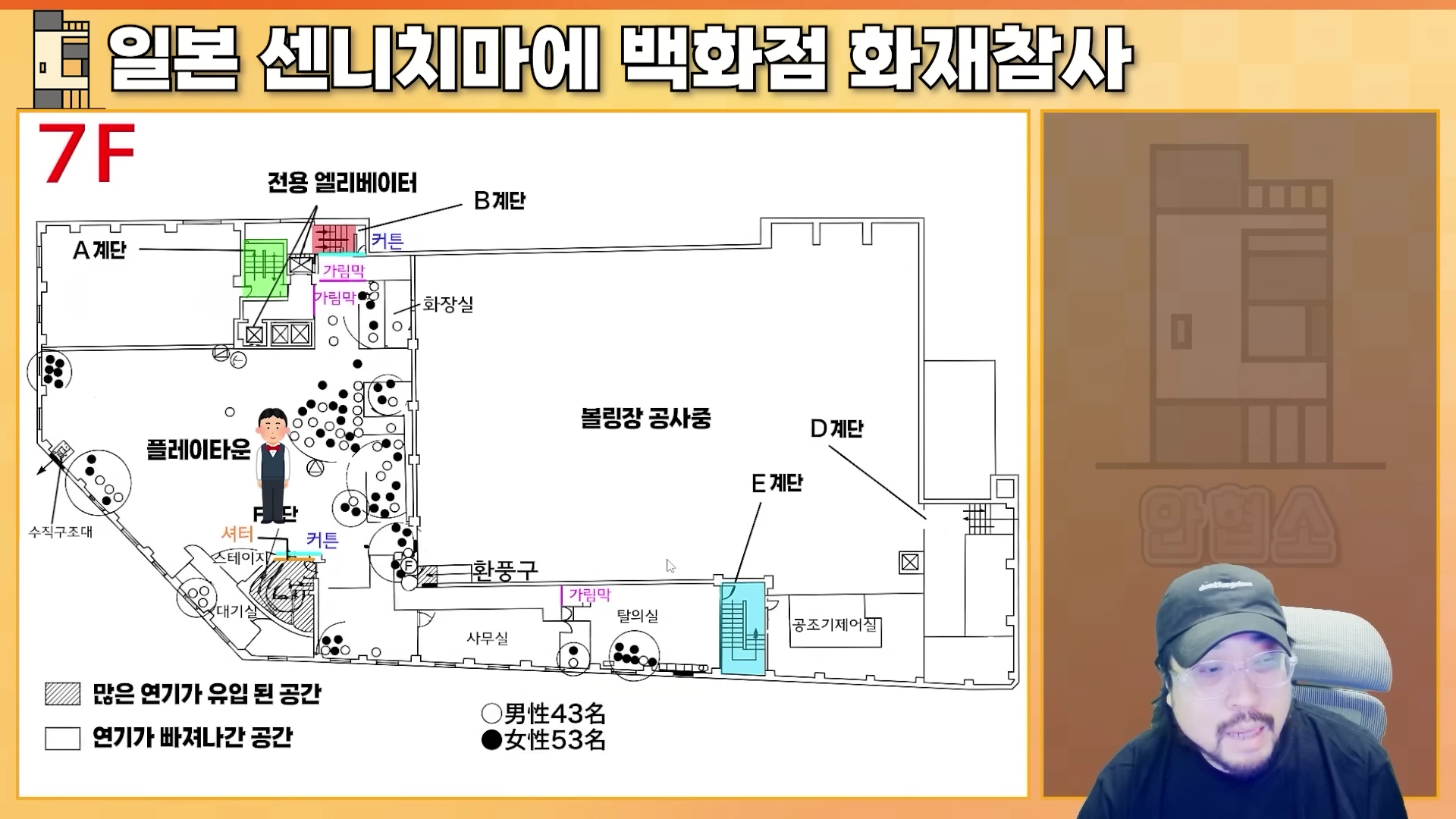 일본 센니치마에 백화점 7층 화재 당시 구조와 사망자 분포를 나타낸 평면도 그래픽과 이를 설명하는 남성 진행자의 모습.