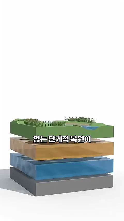 지표면과 지하층을 층층이 나누어 보여주는 3D 지질 단면도 그래픽