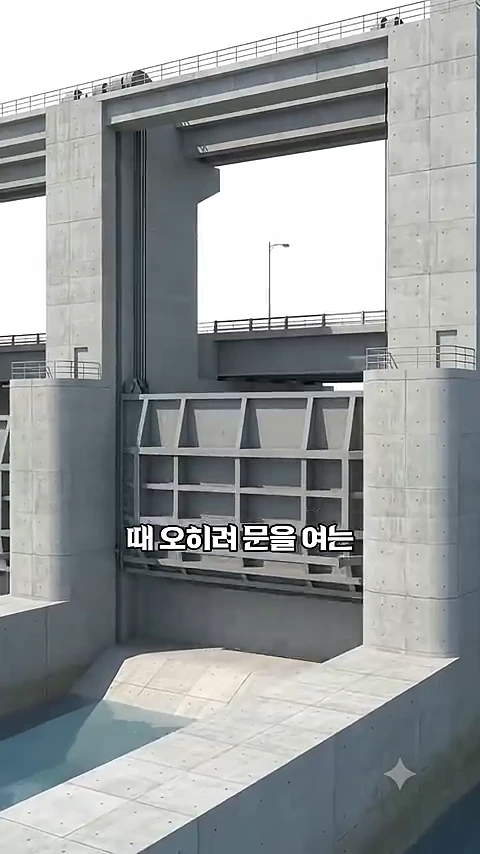 낙동강 하굿둑의 거대한 콘크리트 수문이 절반쯤 위로 들어 올려져 있고 그 위로 도로 교량이 지나가는 모습이며, 화면 중앙에 '때 오히려 문을 여는'이라는 자막이 적혀 있다.