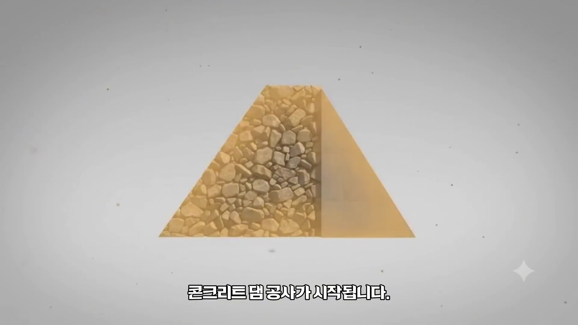 콘크리트 댐의 단면을 단순화한 그래픽으로, 내부가 돌과 흙으로 채워진 삼각형 모양의 댐 형태가 그려져 있고 하단에 한글 자막이 배치되어 있습니다.