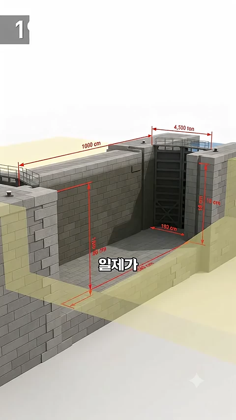 인천항 갑문의 구조를 보여주는 3D 그래픽으로, 거대한 콘크리트 벽과 수문이 표시되어 있고 치수 정보가 화살표로 그려져 있습니다.