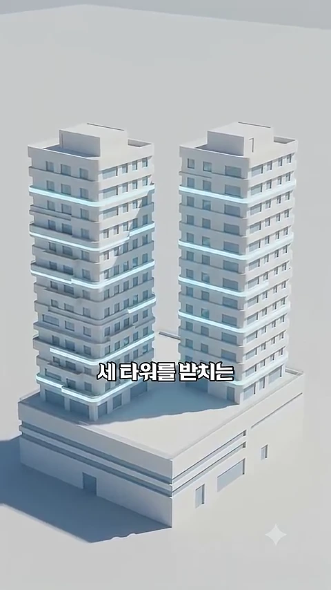 두 개의 고층 빌딩 모델이 나란히 서 있고 각 층마다 빛나는 띠 형태의 구조가 표현된 3D 그래픽 영상 화면입니다.