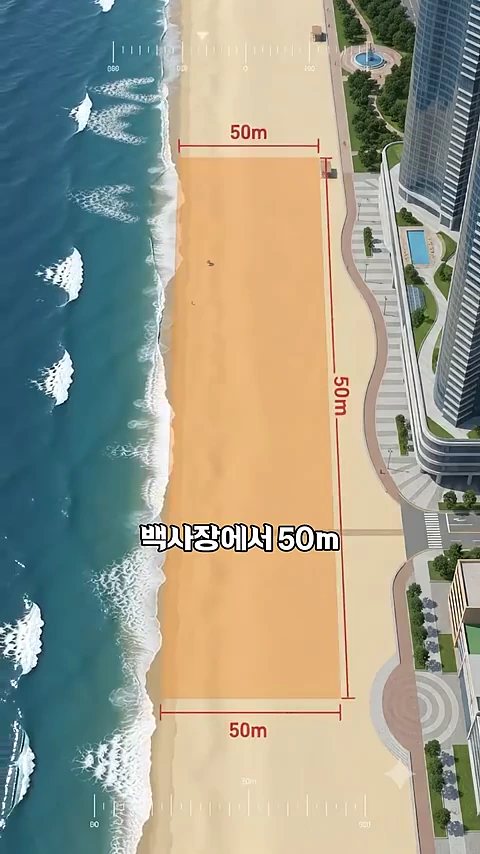 해운대 백사장과 바다, 그리고 그 옆에 위치한 고층 빌딩 단지를 위에서 내려다본 조감도입니다. 백사장 위에 50m라는 수치와 함께 영역이 주황색으로 표시되어 있습니다.