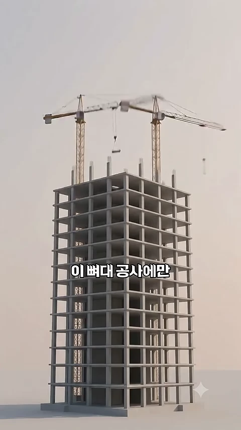 건설 중인 초고층 빌딩의 골조와 두 대의 타워크레인이 하늘을 배경으로 서 있는 모습.