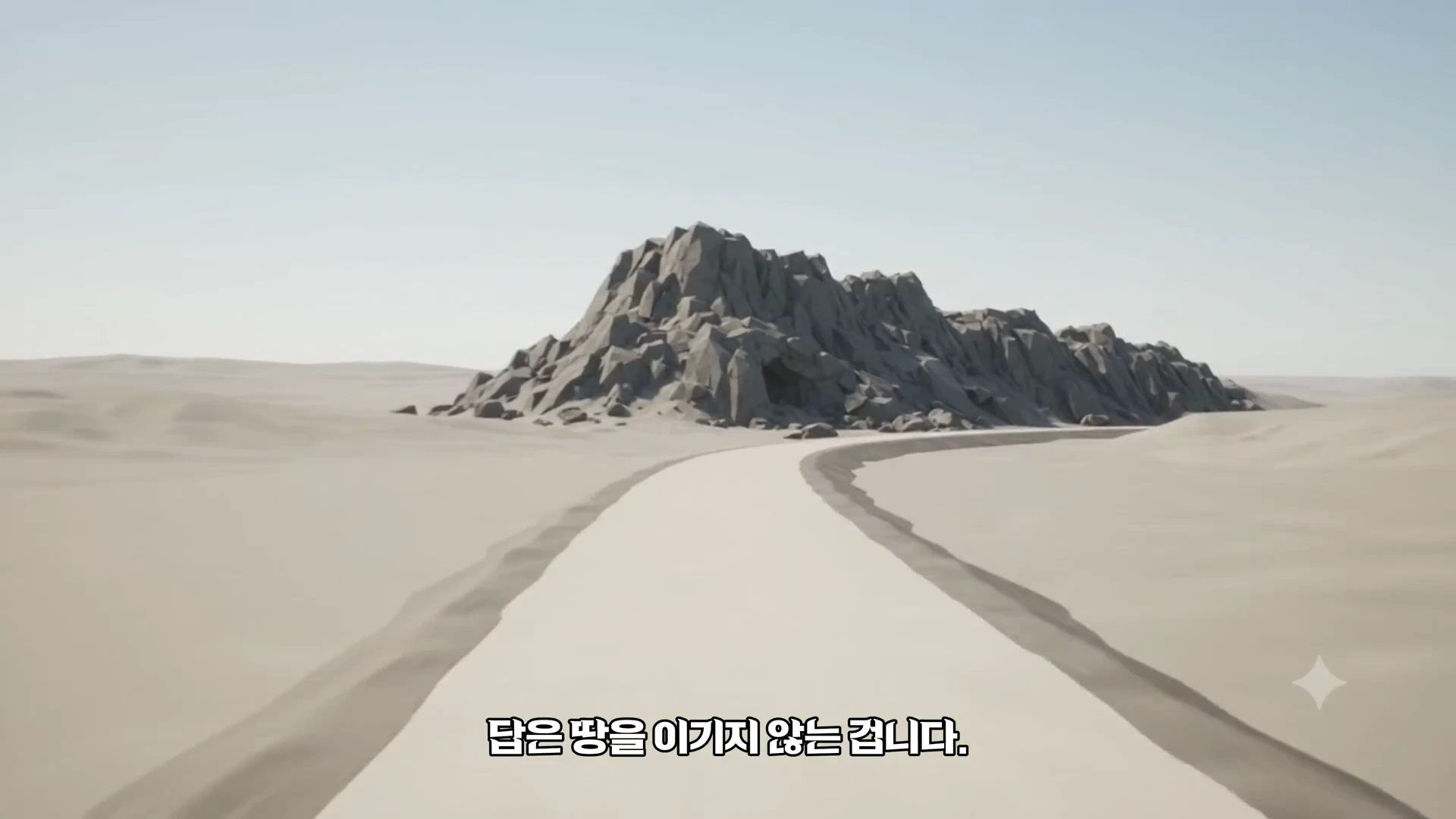 단순화된 그래픽으로 표현된 지형 위로 길이 자연스럽게 굽어지며 이어지는 모습이 보이고, 화면 하단에는 '답은 땅을 이기지 않는 겁니다'라는 자막이 있습니다.