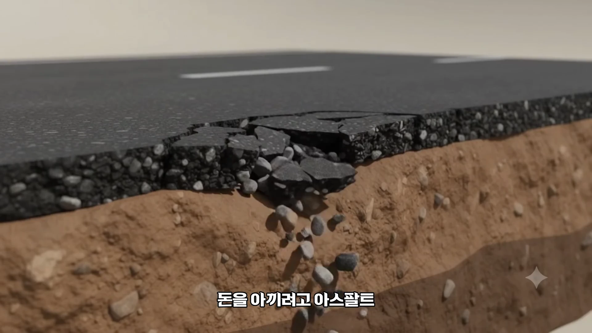 아스팔트 도로 단면이 갈라지고 균열 사이로 돌맹이가 떨어져 나가는 모습을 보여주는 3D 그래픽 영상 화면입니다.