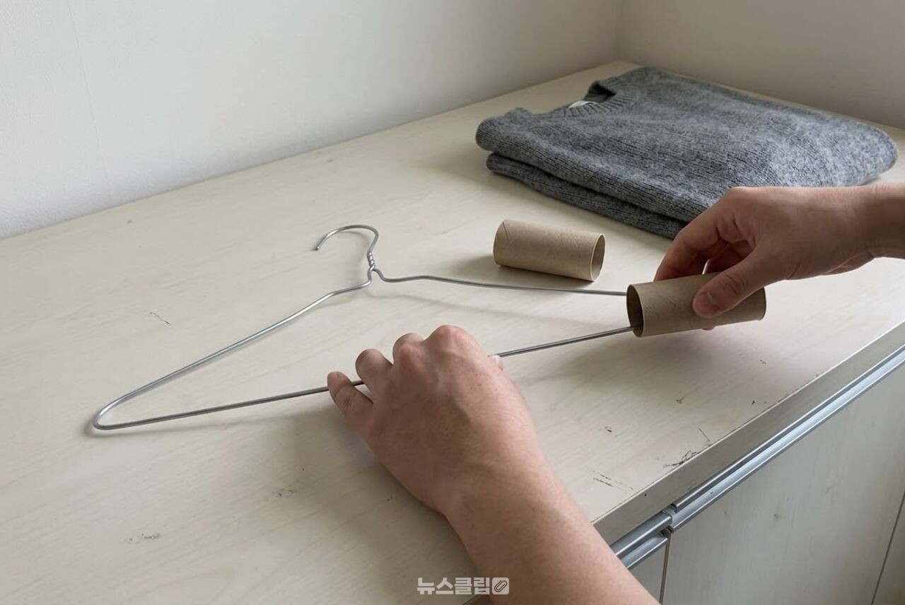 철사 옷걸이에 키친타월 심 끼우기 / 기사 이해를 돕기 위한 AI 이미지