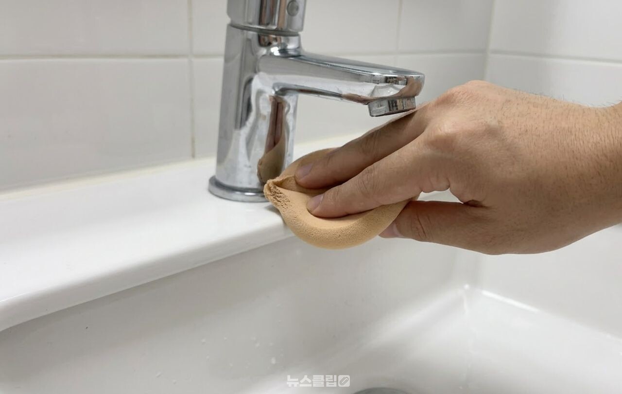 화장 퍼프로 화장실 수전 청소 / 기사 이해를 돕기 위한 AI 이미지