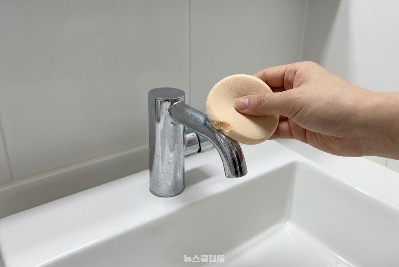 화장 퍼프로 화장실 수전 청소 / 기사 이해를 돕기 위한 AI 이미지