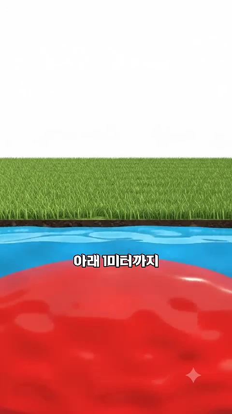 지면 아래에 붉은색 덩어리와 푸른색의 지하수 층이 표현된 3D 그래픽 이미지이며, '아래 1미터까지'라는 한국어 문구가 중앙에 표시되어 있다.