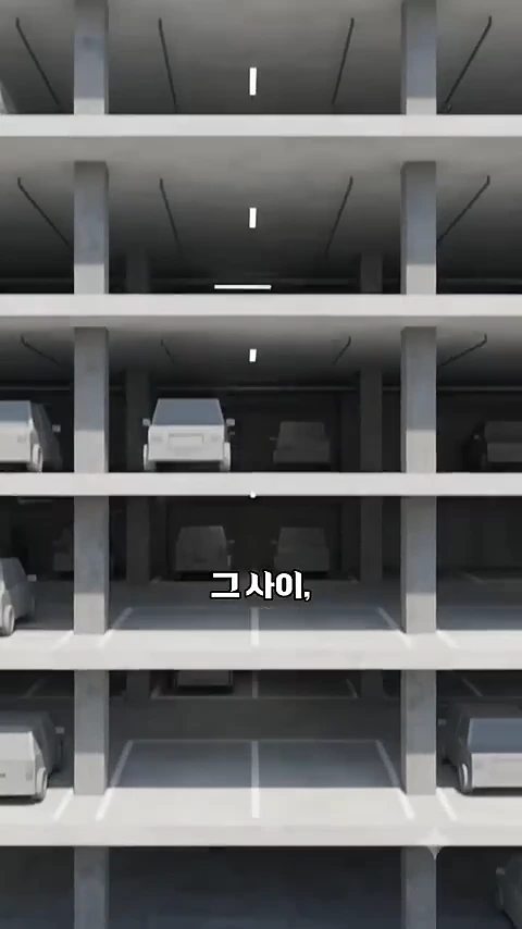 지하 3층으로 구성된 아파트 주차장 내부를 보여주는 단면 3D 그래픽 영상, 여러 대의 자동차가 주차 구획 안에 주차된 모습.