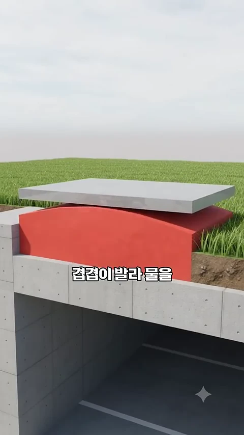 지하 공간 상부 지표면 아래에 붉은색 막이 겹겹이 층을 이루어 놓여 있고 그 위로 회색 콘크리트 슬래브가 배치된 3D 그래픽 이미지