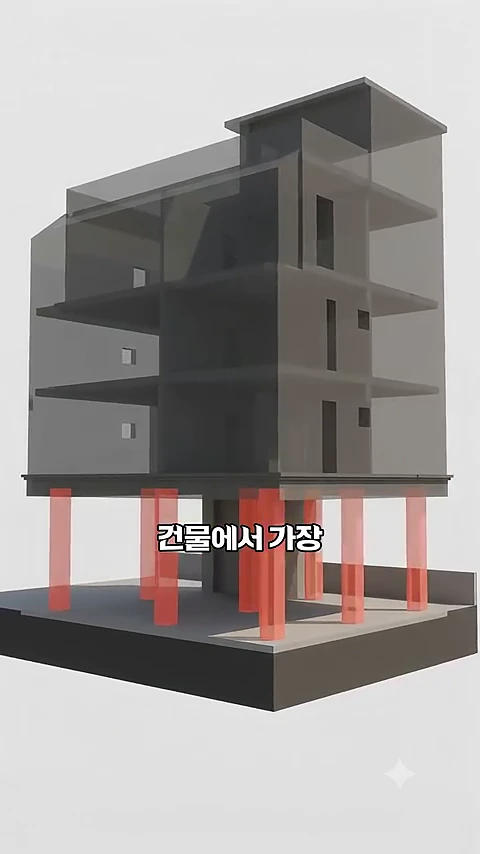 필로티 구조 빌라의 3D 단면도. 1층의 기둥들이 붉은색으로 강조되어 있고, 그 위로 여러 층의 주거 공간이 투명한 회색으로 표현되어 있습니다.