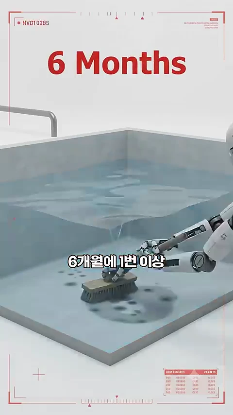 흰색 로봇 팔이 물탱크 바닥을 솔로 청소하는 모습을 묘사한 3D 그래픽 영상, 화면 상단에 6 Months라는 글자와 중앙에 6개월에 1번 이상이라는 자막이 표시됨.