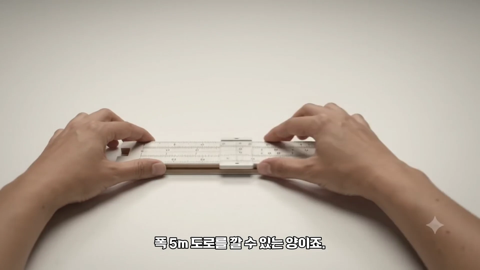 흰색 배경 위에서 양손으로 계산자를 조작하는 모습이 담긴 클로즈업 샷입니다.