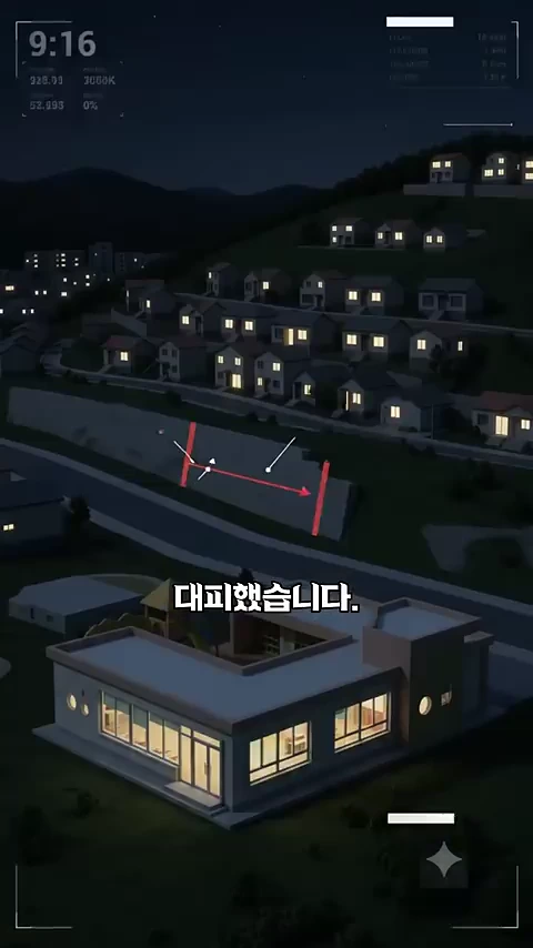 야간에 촬영된 건축 현장 모식도 영상으로, 비탈진 언덕 아래 위치한 건물과 그 옆 흙막이 벽면에 화살표와 선으로 힘의 방향이 표시되어 있고 하단에는 '대피했습니다'라는 자막이 보입니다.