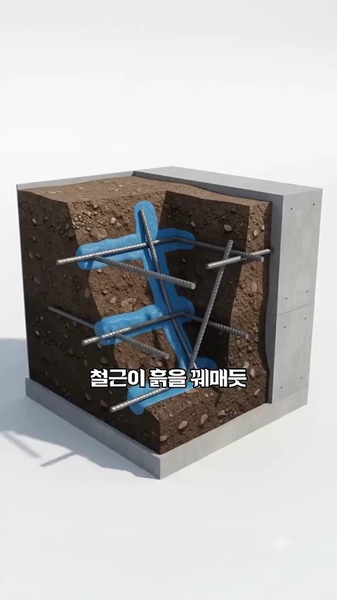 쏘일네일링 공법을 보여주는 3D 그래픽으로, 흙덩어리 속에 철근들이 비스듬히 박혀 있고 겉면은 콘크리트 벽으로 마감된 단면도입니다.