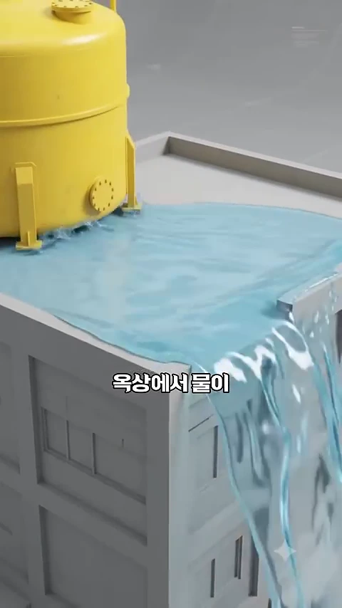 노란색 원통형 물탱크에서 물이 넘쳐 흘러 건물 외벽을 타고 떨어지는 모습의 3D 그래픽 영상 화면.