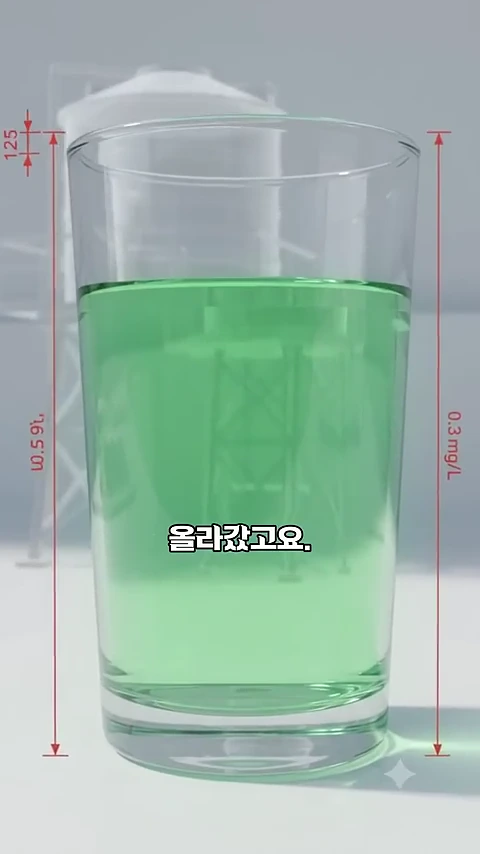 연한 녹색 액체가 담긴 유리컵이 중앙에 배치되어 있고, 배경에는 흐릿한 물탱크 그래픽과 수치 정보가 표시된 정보성 영상 화면