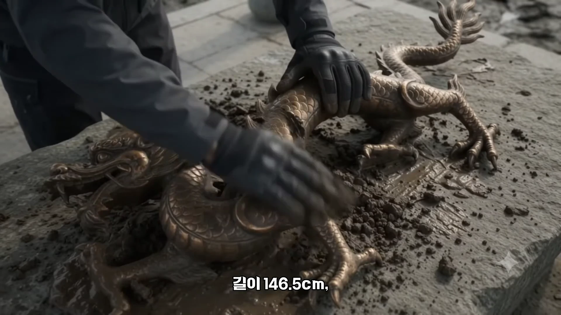 장갑을 낀 두 손이 흙이 묻은 청동 용 조각상을 정돈하고 있는 모습