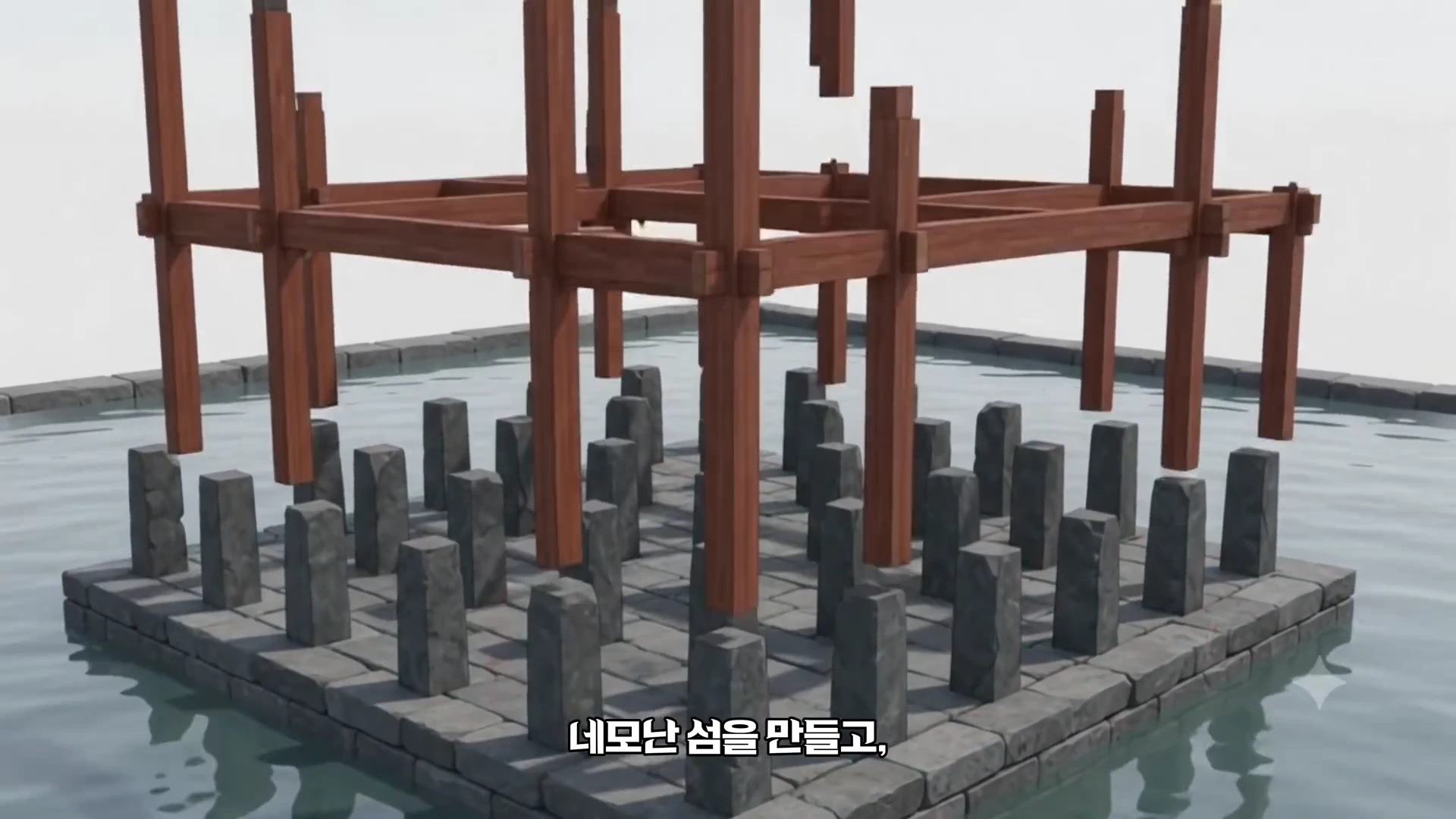 연못 위의 인공 섬에 놓인 돌기둥과 그 위로 이어지는 목조 건축물의 뼈대를 보여주는 3D 그래픽 영상 화면입니다.