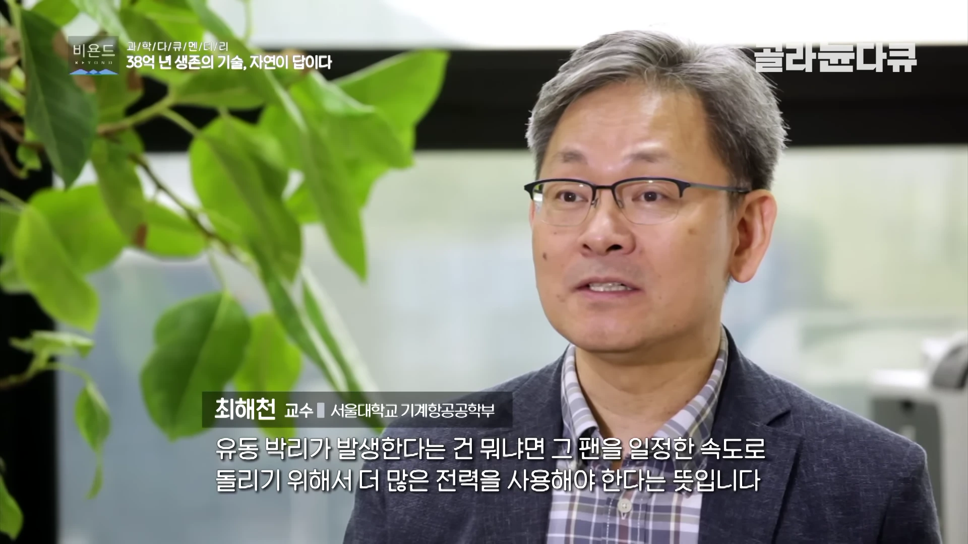 실내에서 인터뷰 중인 안경 쓴 중년 남성 교수의 모습이 담긴 화면으로, 하단에 이름과 소속이 표기된 뉴스 자막과 인터뷰 내용이 자막으로 함께 표시되어 있습니다.