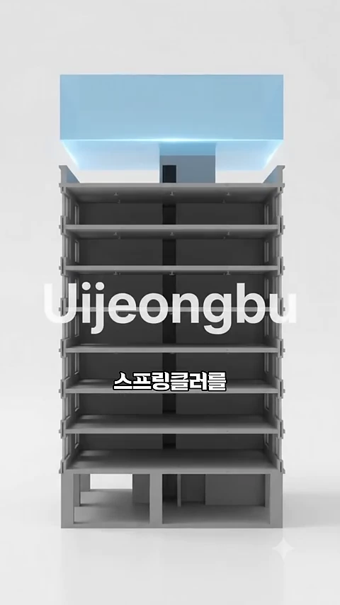 층층이 나뉜 10층 높이의 아파트 단면을 보여주는 3D 그래픽으로, 건물 중앙에 스프링클러 문구와 영문 지명이 적혀 있다.