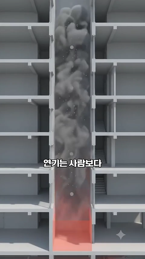 아파트 계단실을 단면으로 보여주는 3D 그래픽으로, 1층에서 시작된 연기와 불길이 계단 통로를 따라 위층으로 빠르게 치솟는 모습이 나타나 있다.