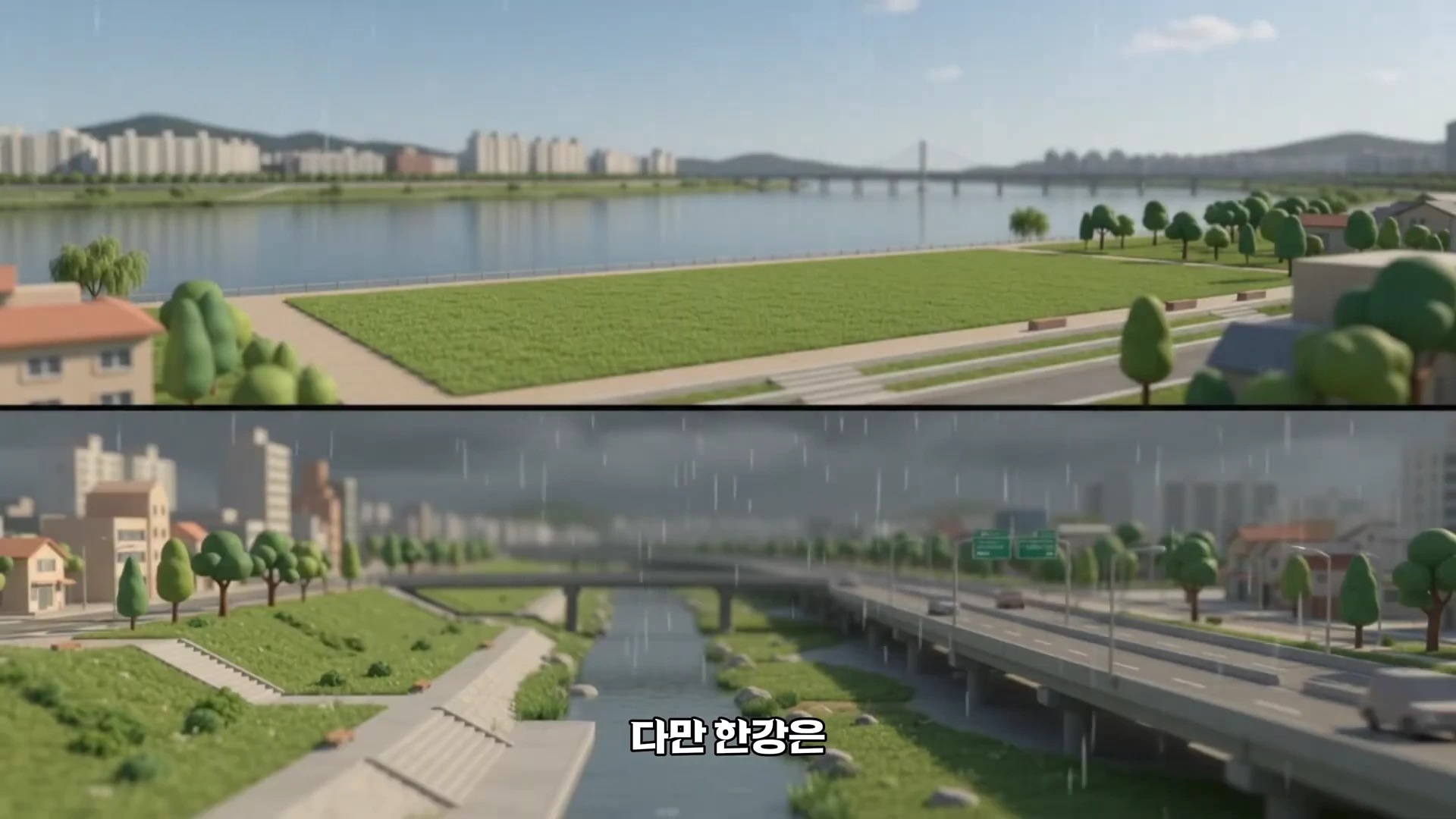 두 개의 화면으로 나뉜 3D 그래픽 영상으로, 위쪽에는 맑은 날 강변의 공원 풍경이, 아래쪽에는 비가 내리는 날 강 위로 도로가 지나가는 풍경이 나타나 있습니다.