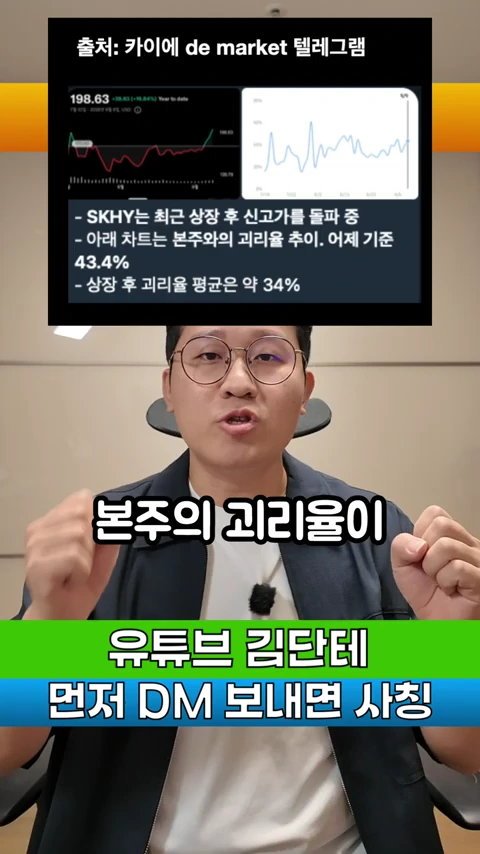 안경을 쓴 남성이 카메라를 향해 말하는 상반신 모습과 그 위에 SK하이닉스 ADR 주가 차트와 본주와의 괴리율 설명이 담긴 뉴스 그래픽이 합성되어 있다.