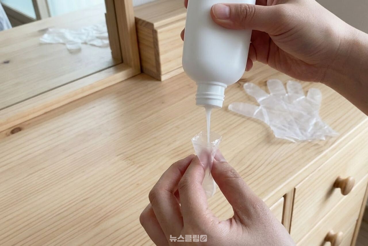 비닐장갑을 활용한 여행 화장품 소분 / 기사 이해를 돕기 위한 AI 이미지