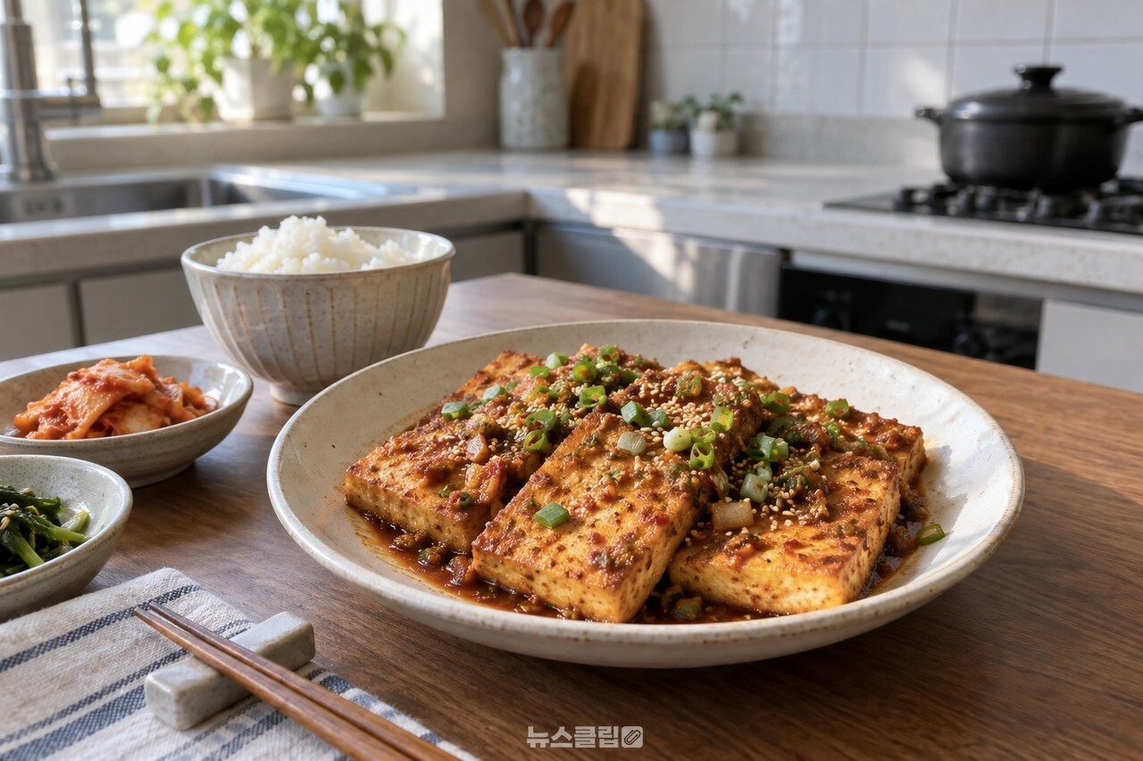 접시에 담은 두부조림과 밥 / 기사 이해를 돕기 위한 생성형 이미지