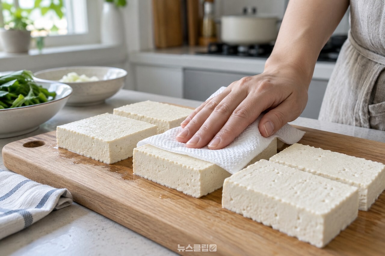 키친타월로 겉물기를 닦는 두부 / 기사 이해를 돕기 위한 생성형 이미지