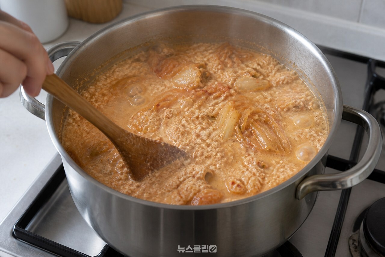 중불에서 콩비지찌개를 저으며 끓이는 모습 / 기사 이해를 돕기 위한 생성형 이미지