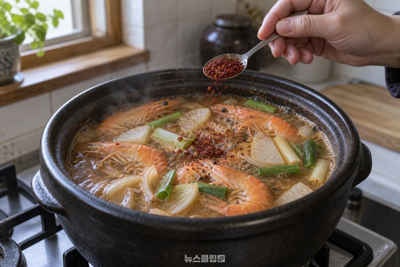 대하와 향채를 끓인 뒤 고춧가루를 넣는 장면 / 기사 이해를 돕기 위한 생성형 이미지