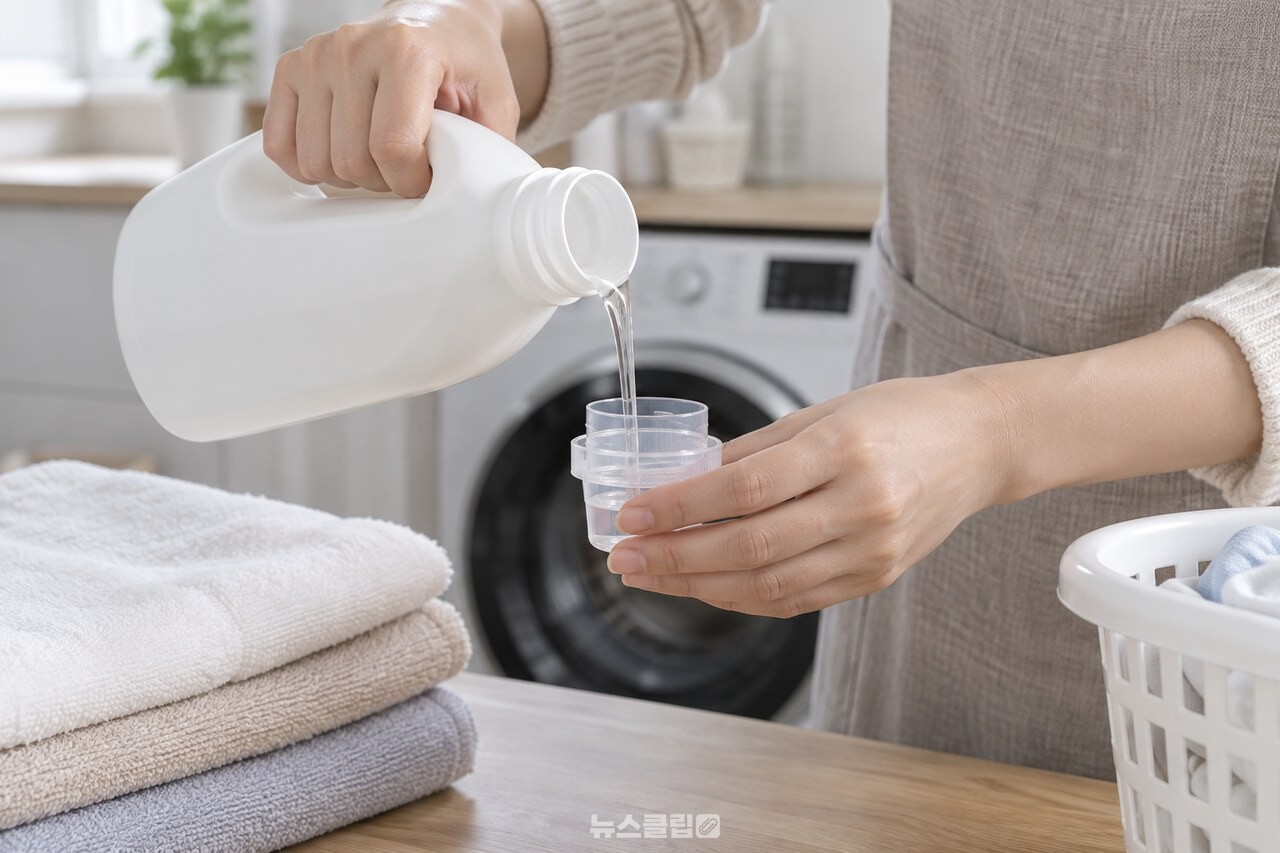 수건 세탁에 쓸 세제를 계량하는 모습 / 기사 이해를 돕기 위한 생성형 이미지