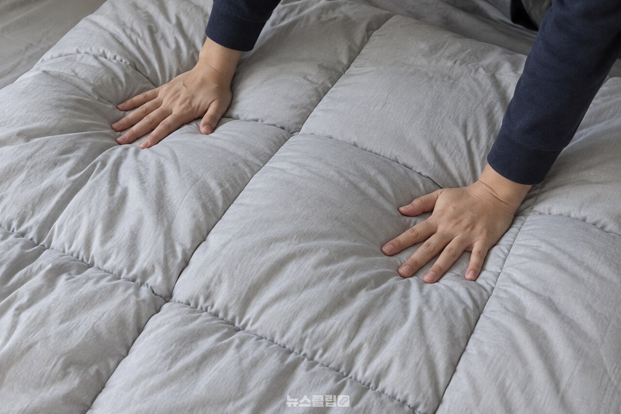 마른 이불의 뭉친 부분을 손으로 고르게 펴는 모습 / 기사 이해를 돕기 위한 생성형 이미지