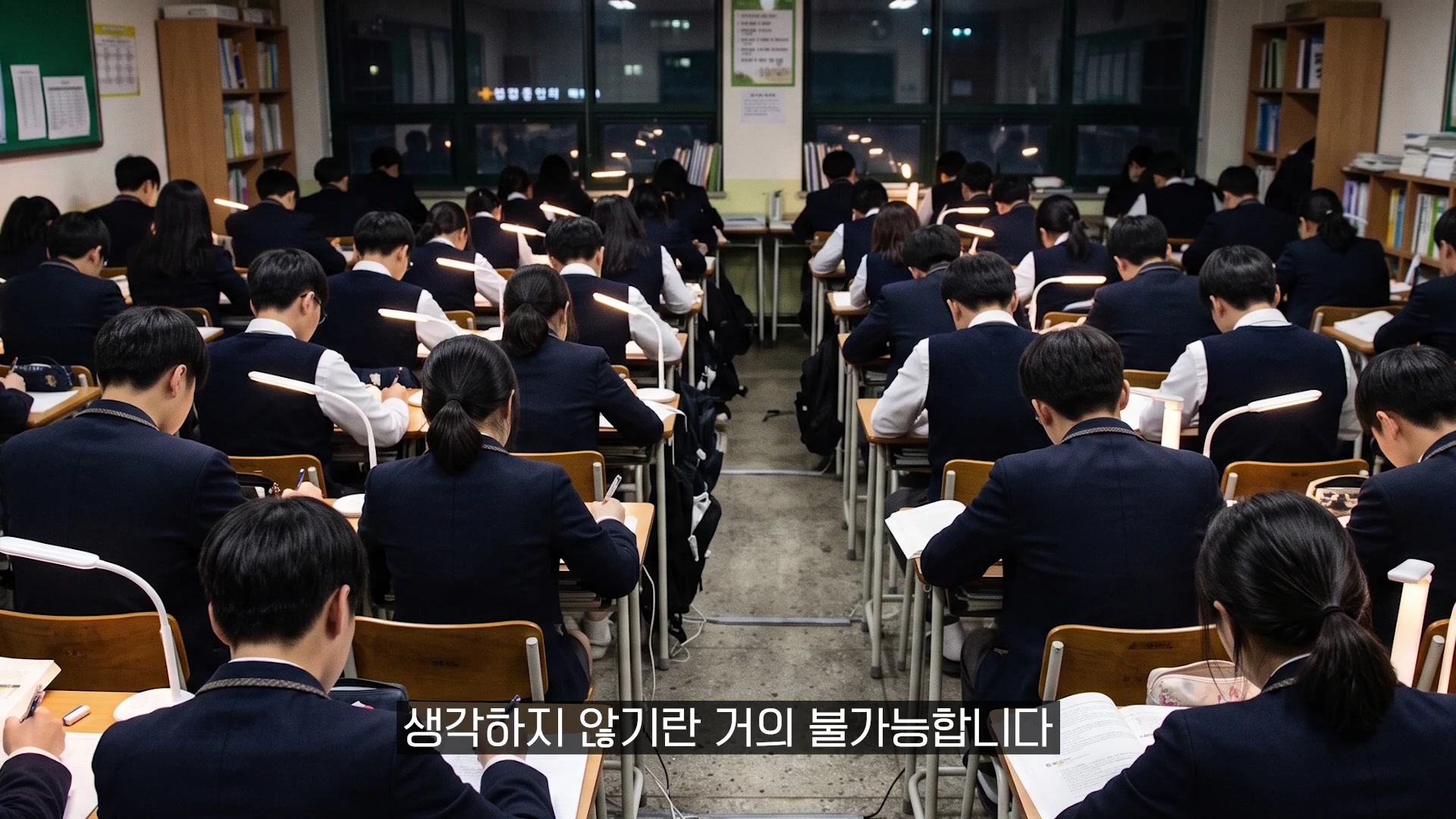 교복을 입은 학생들이 조명이 켜진 책상에 앉아 늦은 밤까지 공부에 몰두하고 있는 교실 내부 모습.