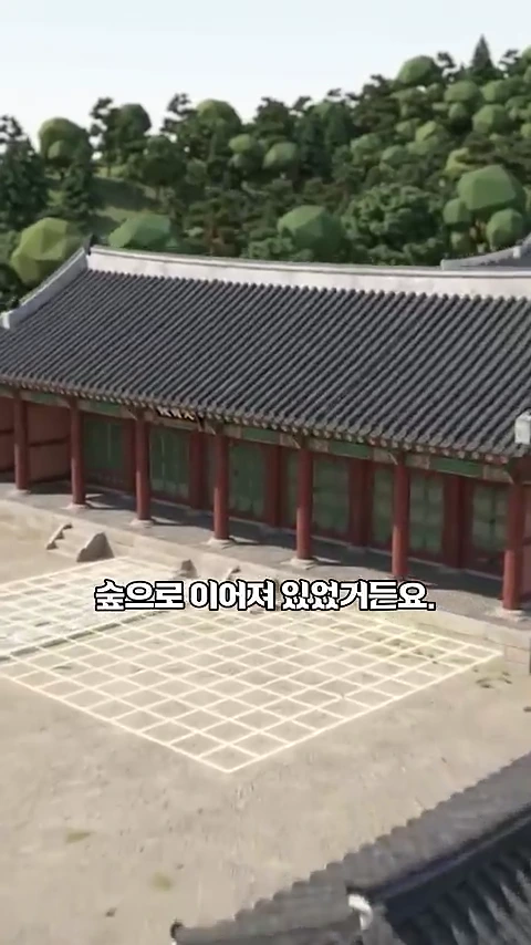전통 기와지붕을 얹은 창경궁 전각과 앞마당의 조감도 형식의 3D 그래픽 영상, 배경에는 숲이 보이고 화면 중앙에는 '숲으로 이어져 있었거든요.'라는 자막이 떠 있습니다.