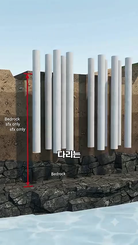 지하 지반 단면을 보여주는 그래픽으로, 암반층까지 깊게 박힌 교량 기둥들과 그 주변의 흙층이 3D 모델로 묘사되어 있습니다.