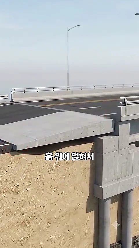 교량의 끝단과 흙으로 다져진 진입로가 만나는 지점을 보여주는 3D 그래픽 영상, 다리 구조물 아래로 경사진 형태의 접속 슬래브가 흙 위에 얹혀 있는 모습이 나타납니다.