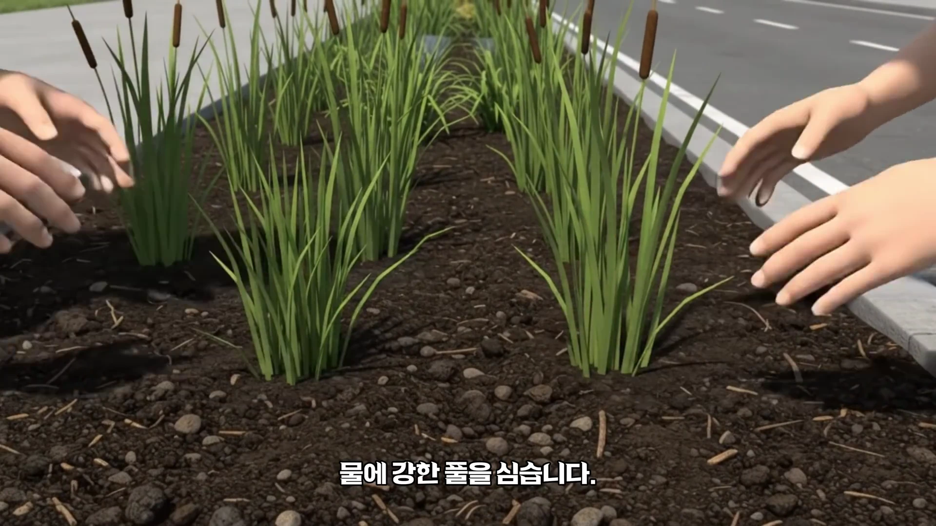 3D 애니메이션으로 구현된 도로변 화단에 식물을 심는 손동작이 보이며, 하단에는 '물에 강한 풀을 심습니다.'라는 자막이 표시되어 있습니다.