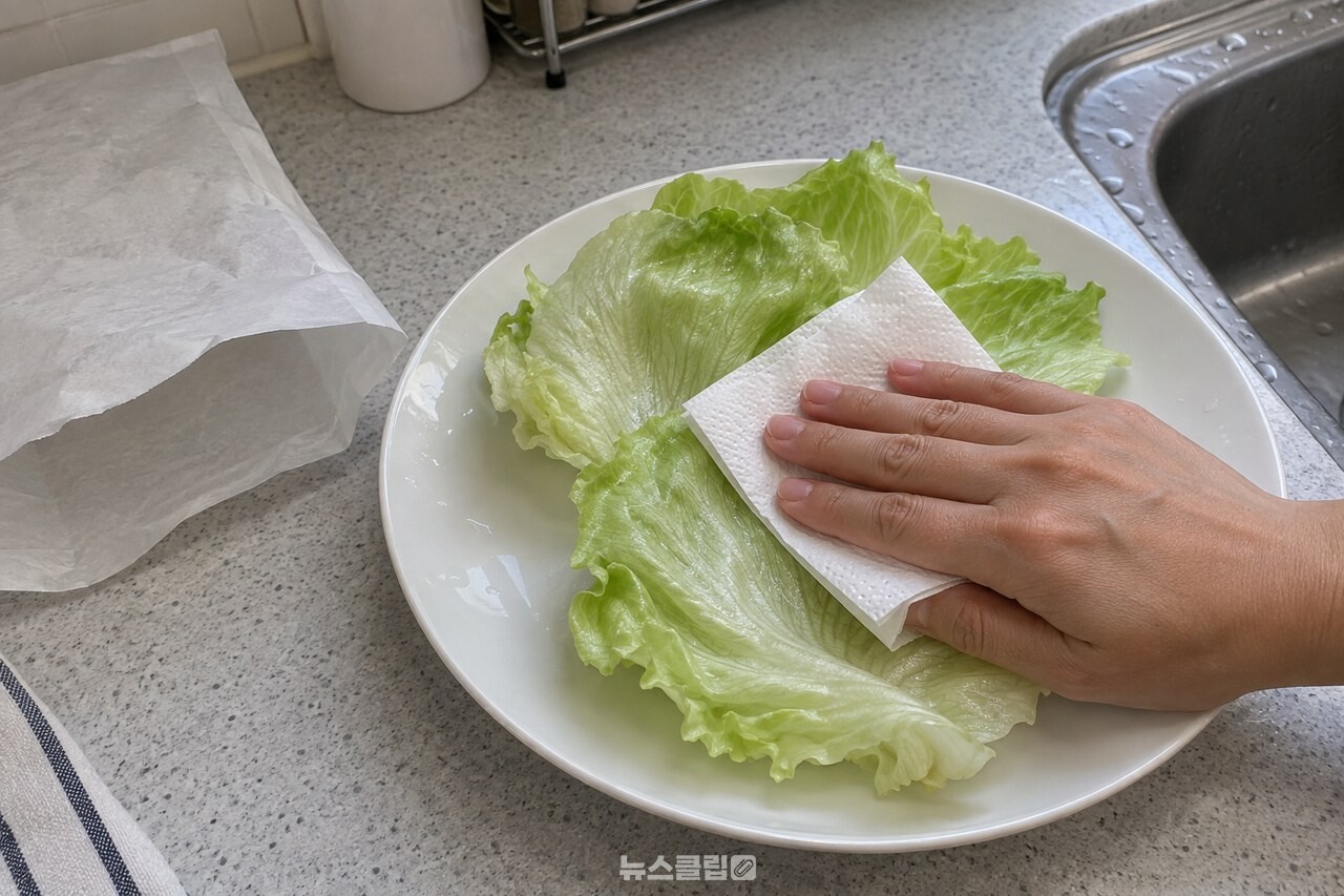 양상추 잎의 물기를 닦는 모습 / 기사 이해를 돕기 위한 생성형 이미지