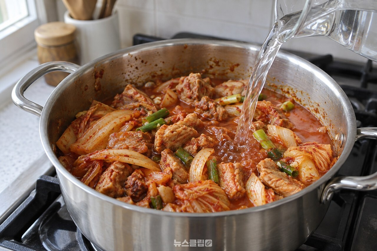 마늘·양파·대파를 더 볶은 냄비에 물을 붓는 과정 / 기사 이해를 돕기 위한 생성형 이미지