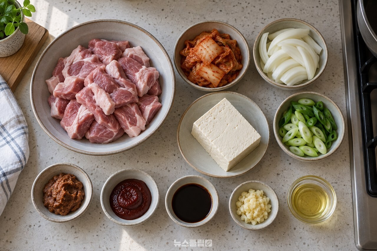 돼지고기와 김치, 채소, 두부와 세 가지 장류를 준비한 모습 / 기사 이해를 돕기 위한 생성형 이미지