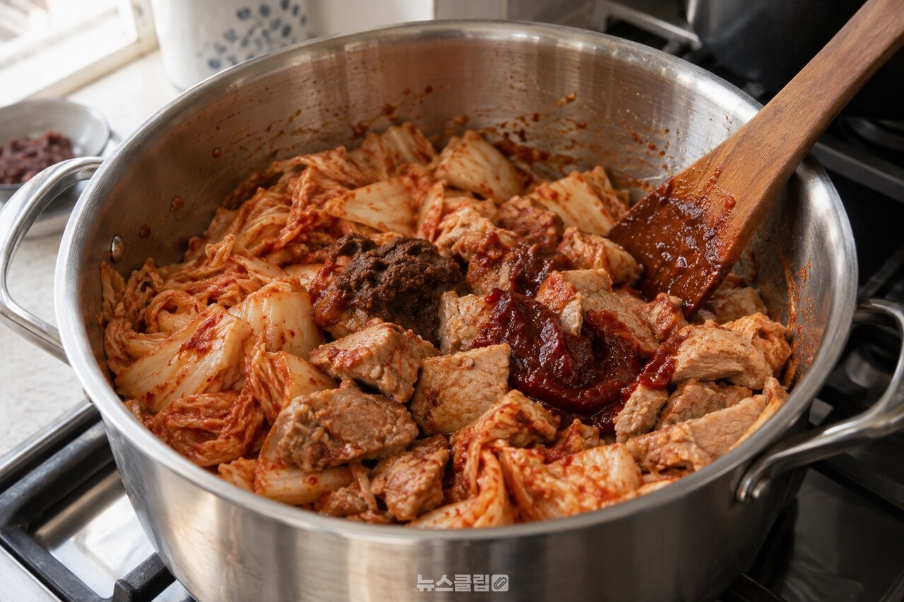 돼지고기와 김치에 된장·고추장·양조간장을 넣어 볶는 과정 / 기사 이해를 돕기 위한 생성형 이미지