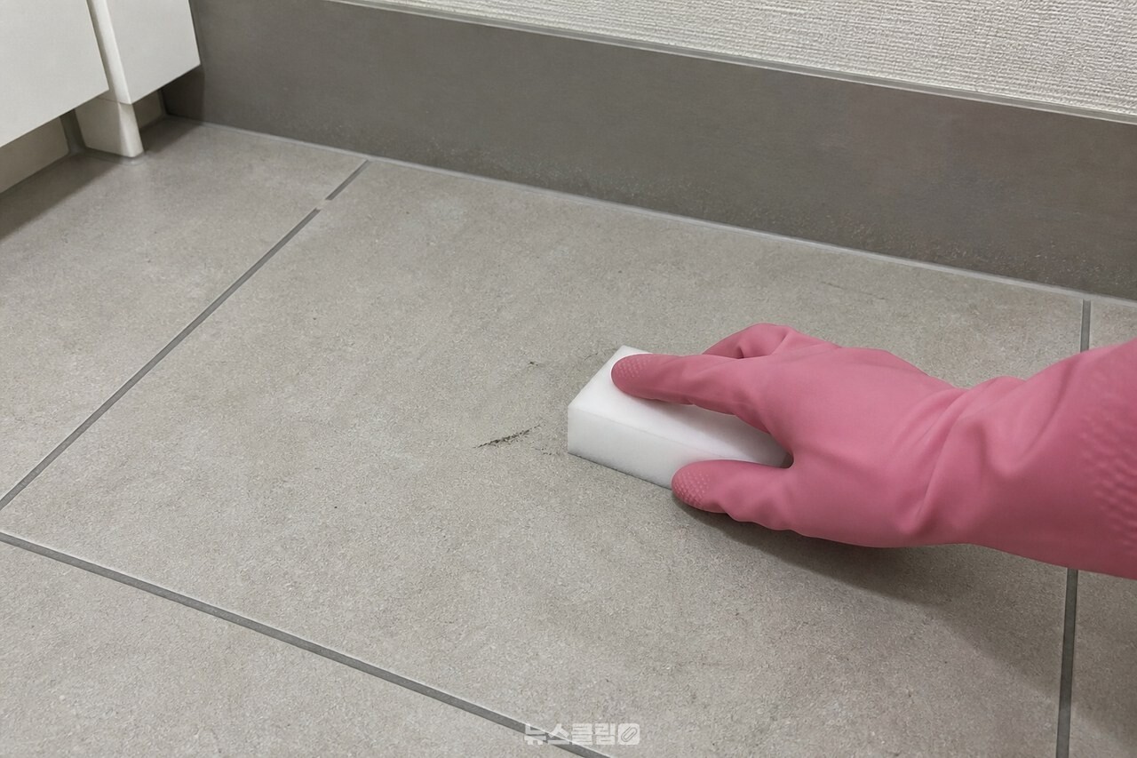 물에 적신 멜라민 스펀지로 현관 타일 자국을 닦는 모습 / 기사 이해를 돕기 위한 생성형 이미지