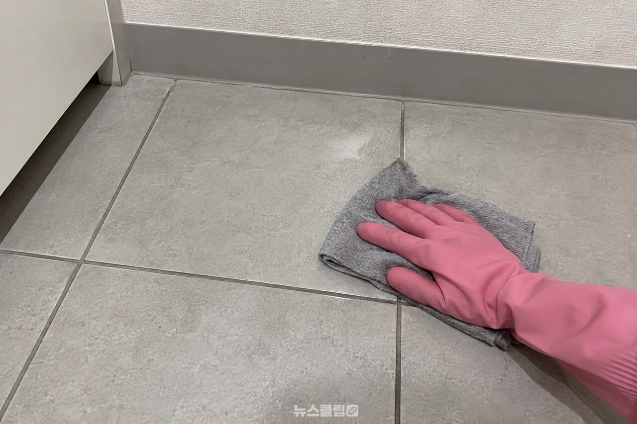 현관 타일에 남은 물기를 마른 걸레로 닦는 모습 / 기사 이해를 돕기 위한 생성형 이미지
